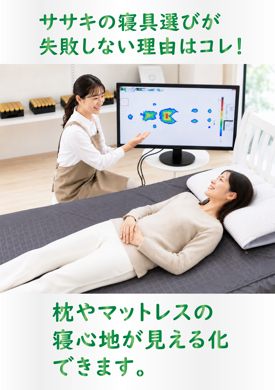 当店の寝具選びが失敗しない理由は、寝心地が見える化できることです。