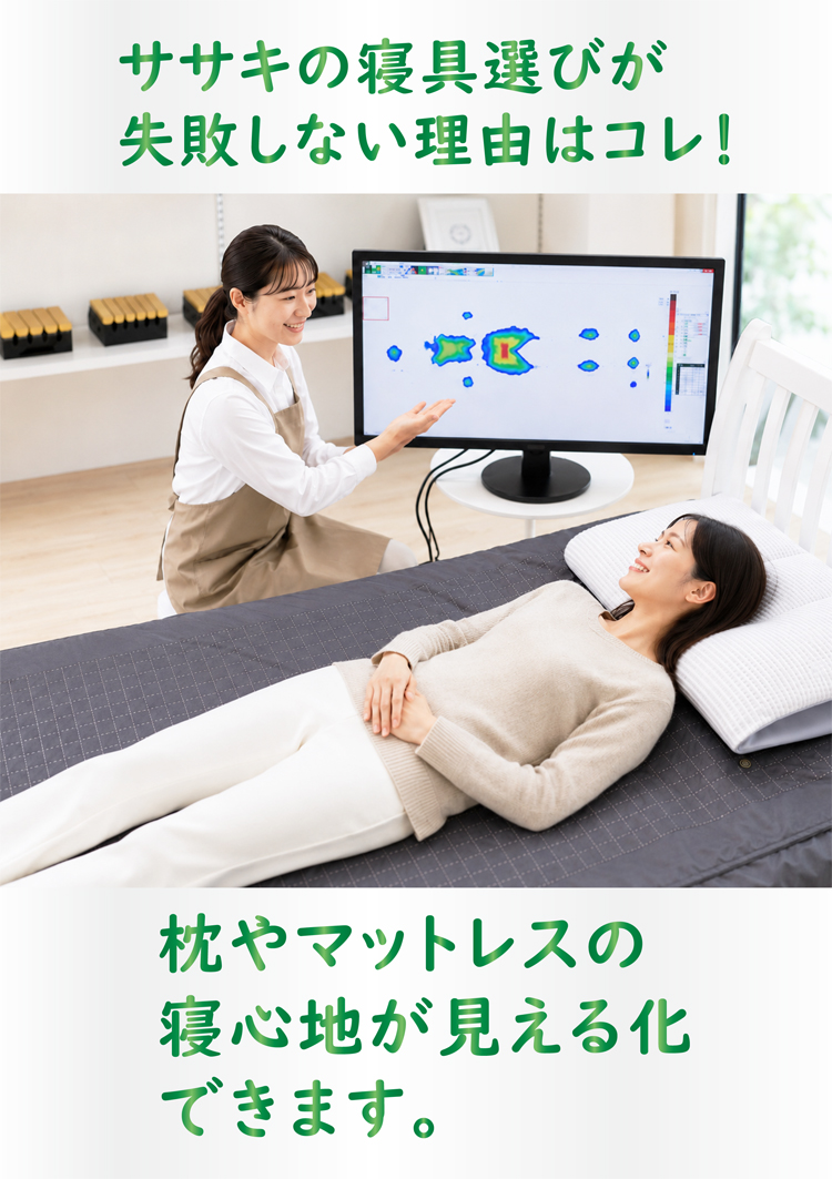当店の寝具選びが失敗しない理由は、寝心地が見える化できることです。